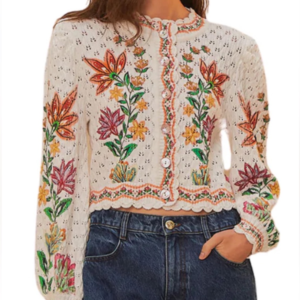 FARM Rio White Embroidered Floral Cardigan with Multicolor Flowers - Picture 2 of 10